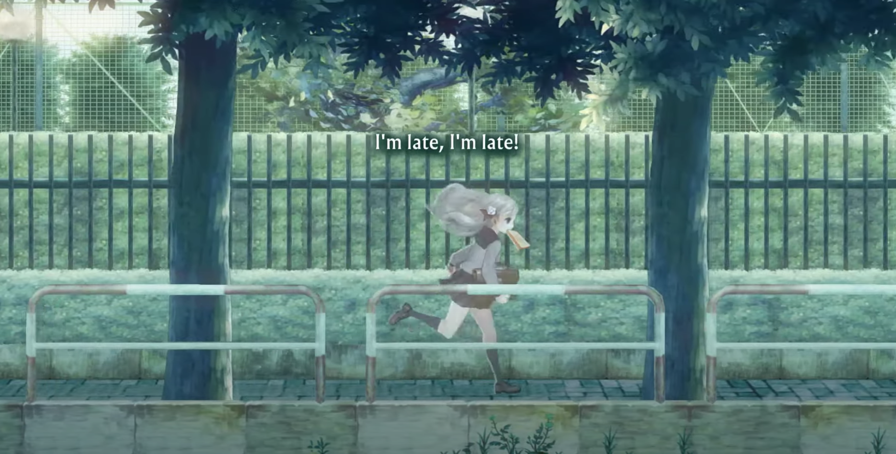 an image from the game 13 sentinels: aegis rim. fuyusaka runs to school with a piece of toast hanging from her mouth while saying, 'i'm late, i'm late!', which is all a popular anime meme.